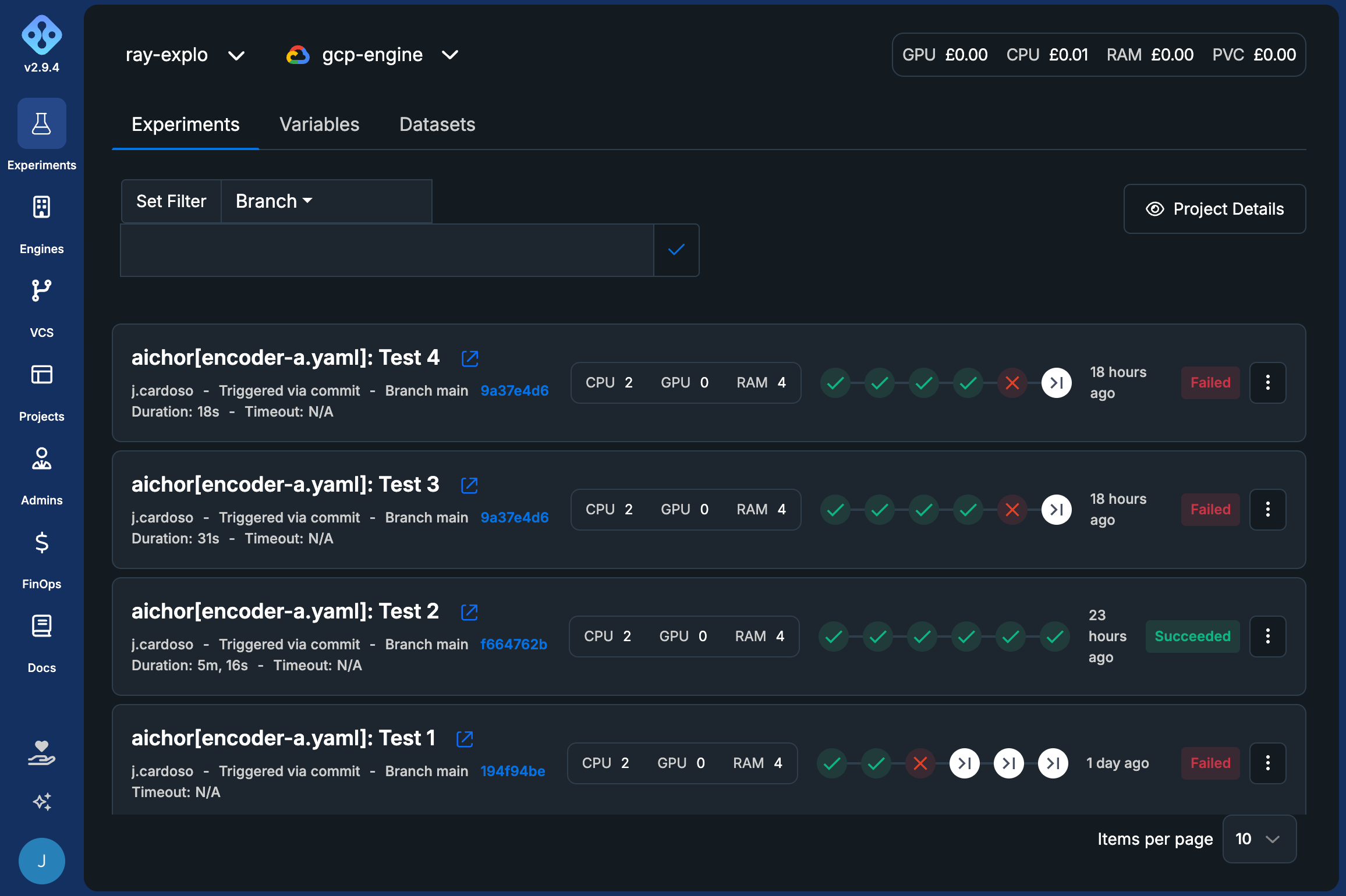 Experiments dashboard