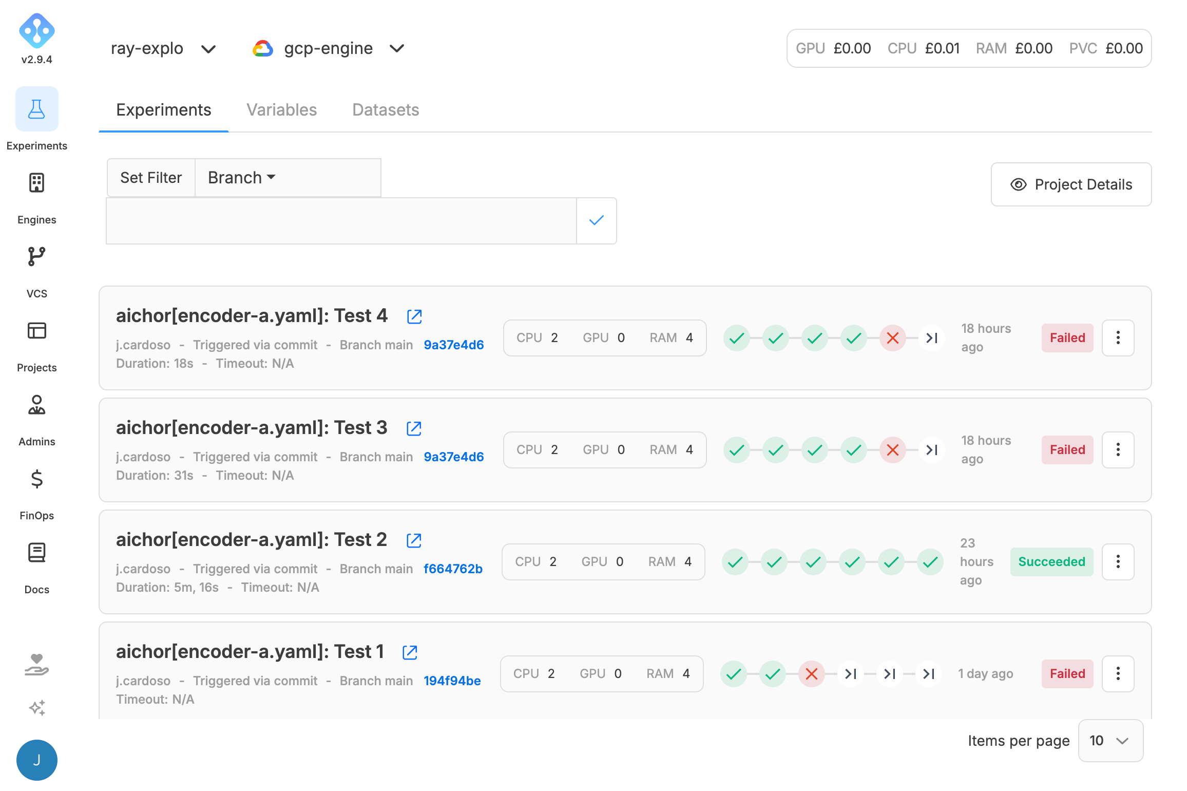 Experiments dashboard