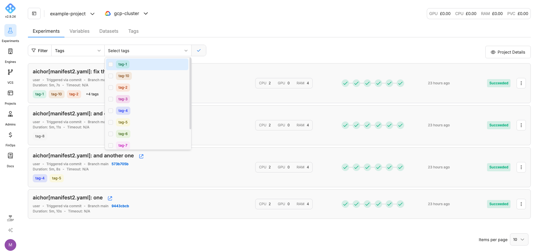 Tags filter open on the experiments list, with tag chips on the rows behind it