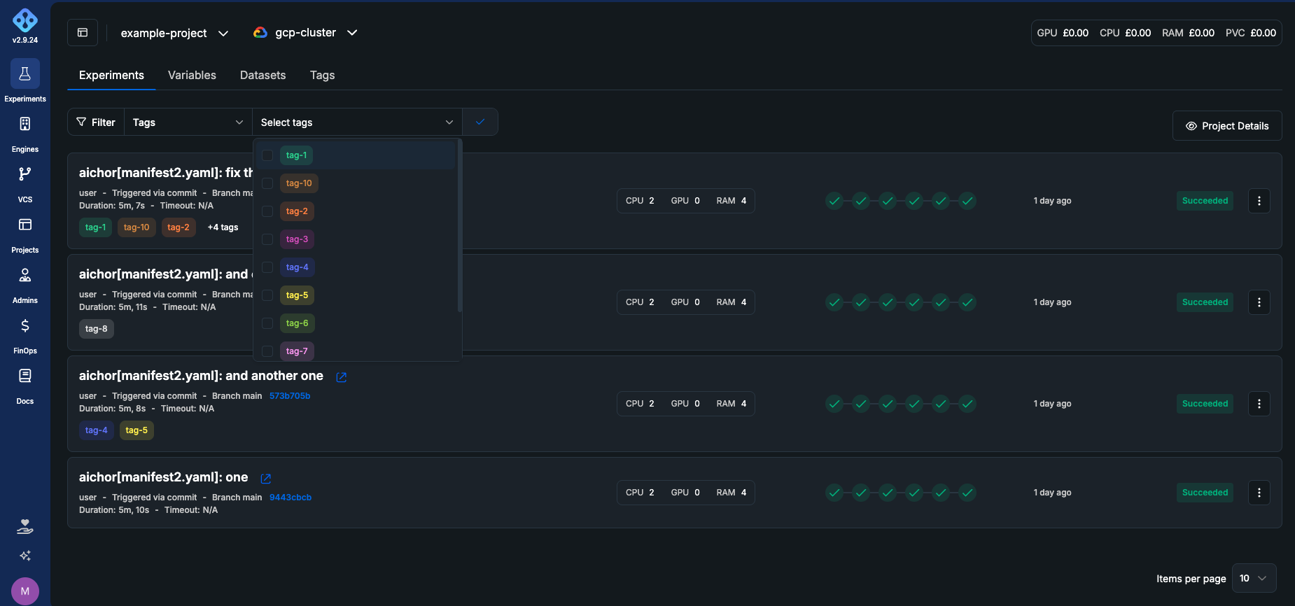 Tags filter open on the experiments list, with tag chips on the rows behind it