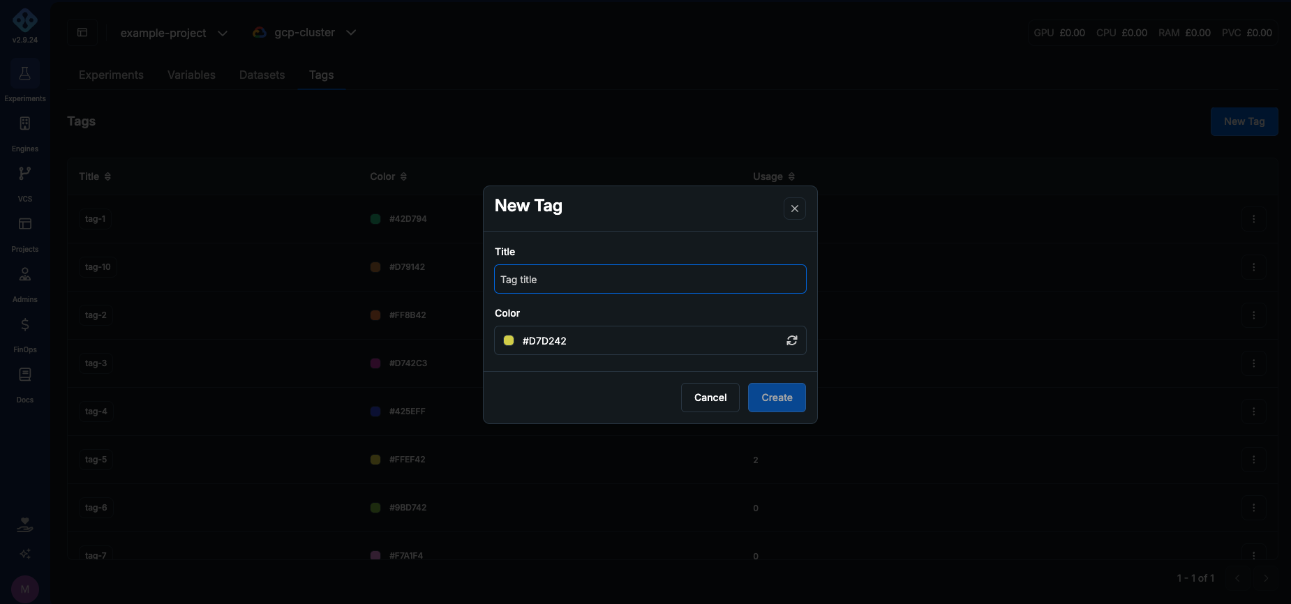 New Tag dialog with title and colour fields