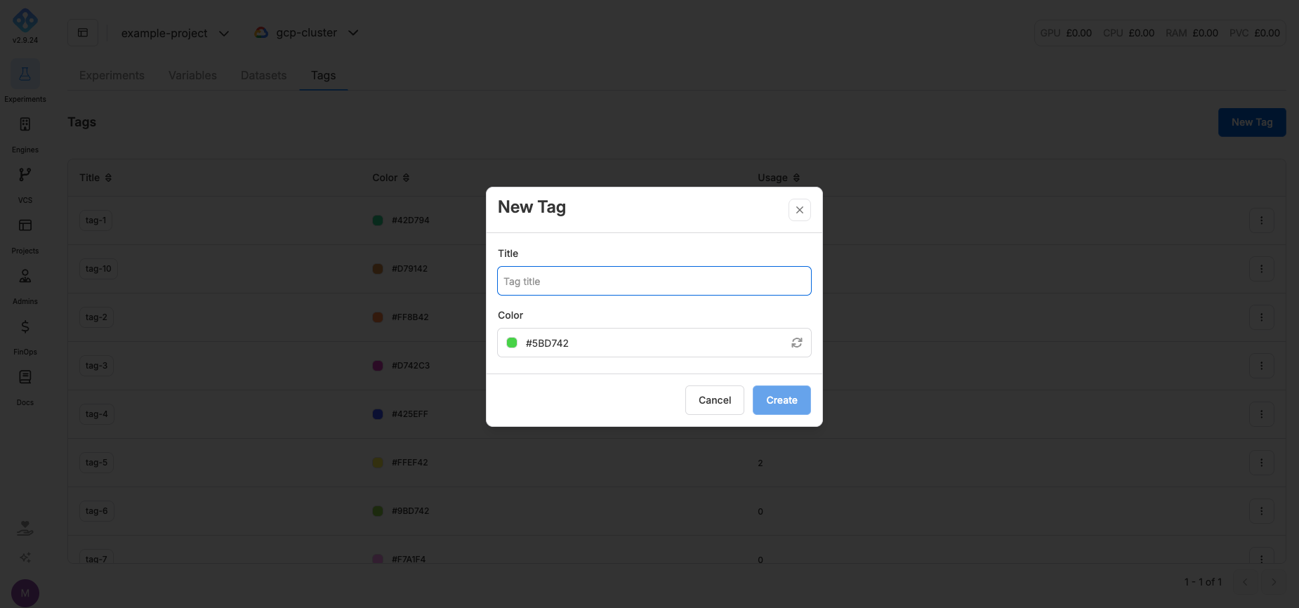 New Tag dialog with title and colour fields